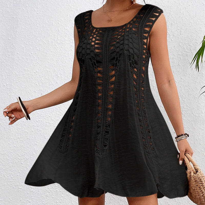 Black sleeveless crochet cutout sundress with scoop neck and flared hem