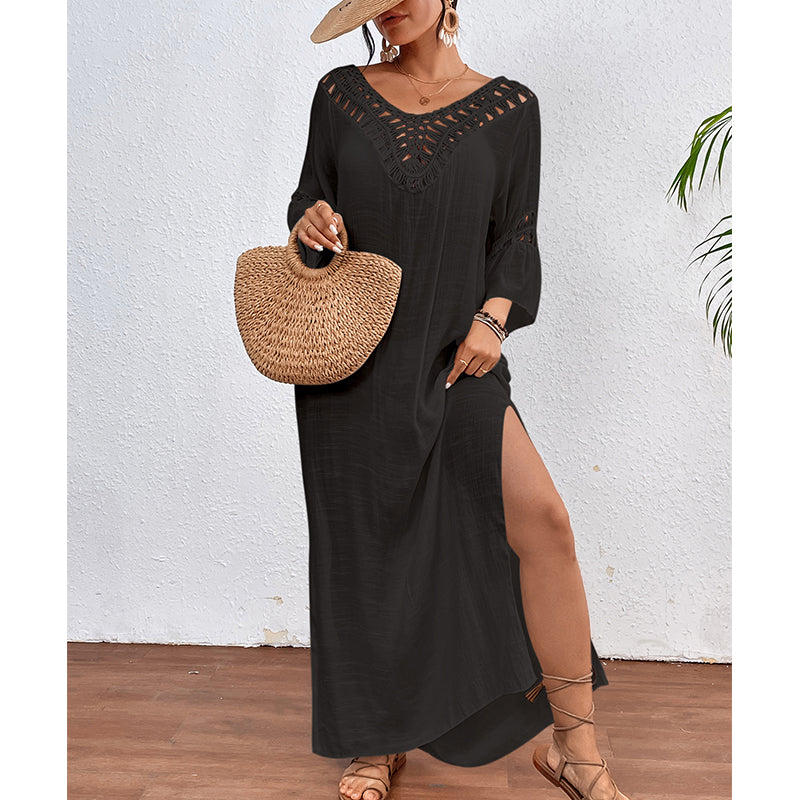 Long black crochet beach cover-up dress with openwork neckline and side slit