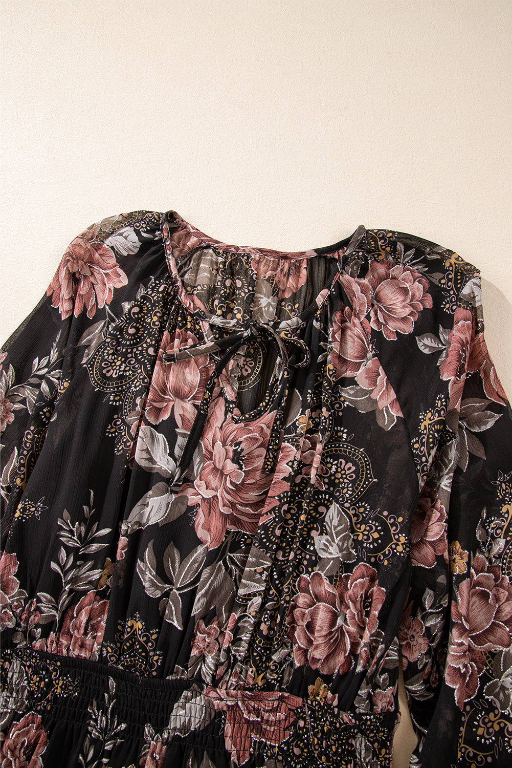 Floral Puff Long Sleeve V-Neck Smocked Waist Dress
