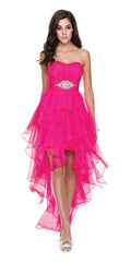 Fuchsia strapless high-low chiffon dress with rhinestone belt and tiered ruffles