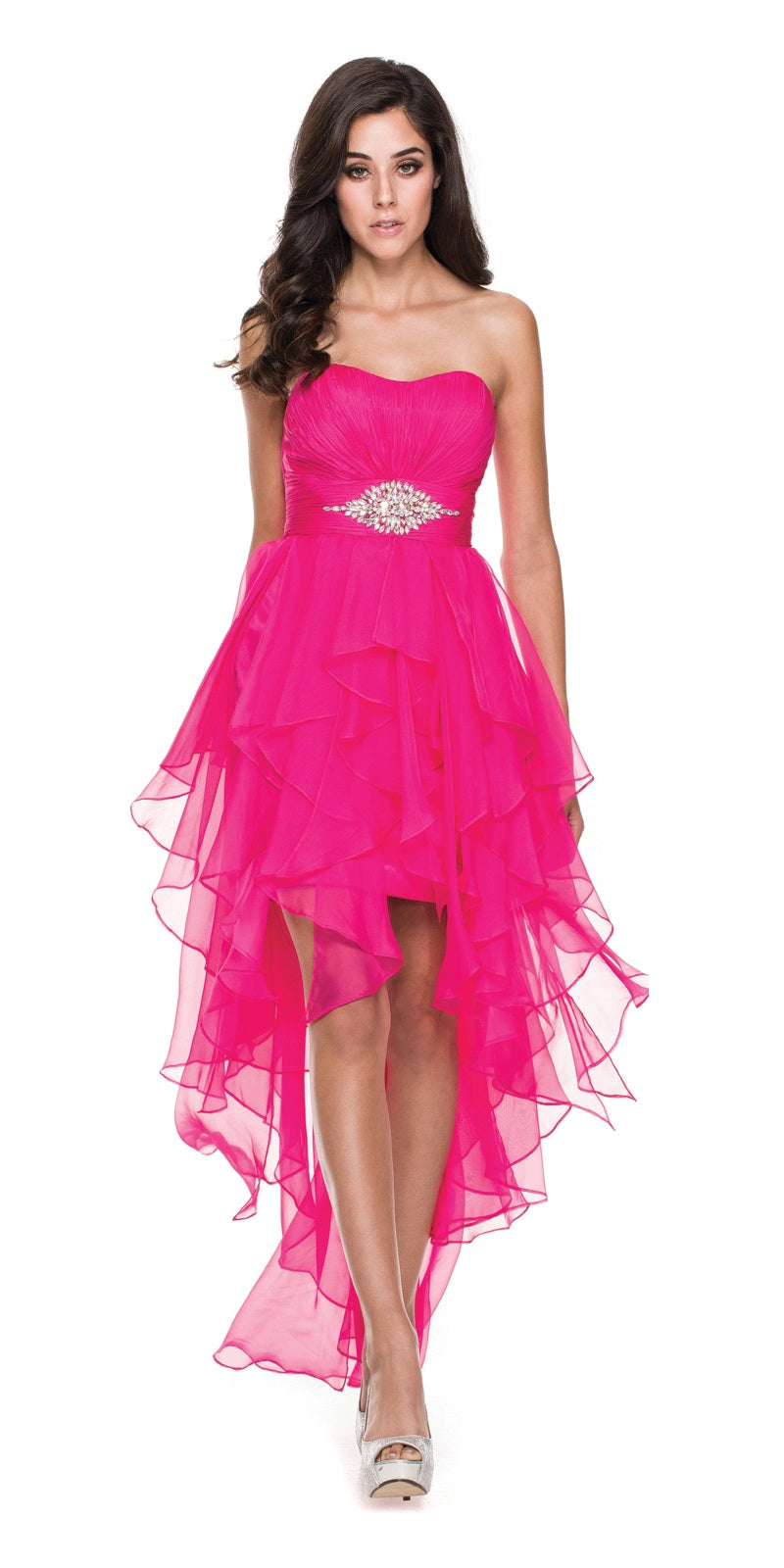 Fuchsia strapless high-low chiffon dress with rhinestone belt and tiered ruffles