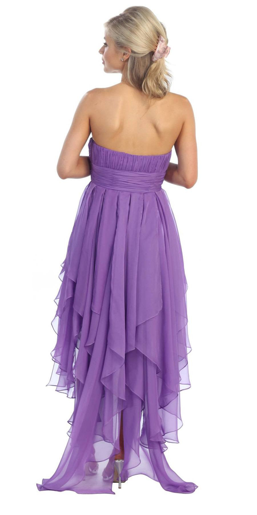 Purple strapless chiffon evening dress, tiered ruffle back view