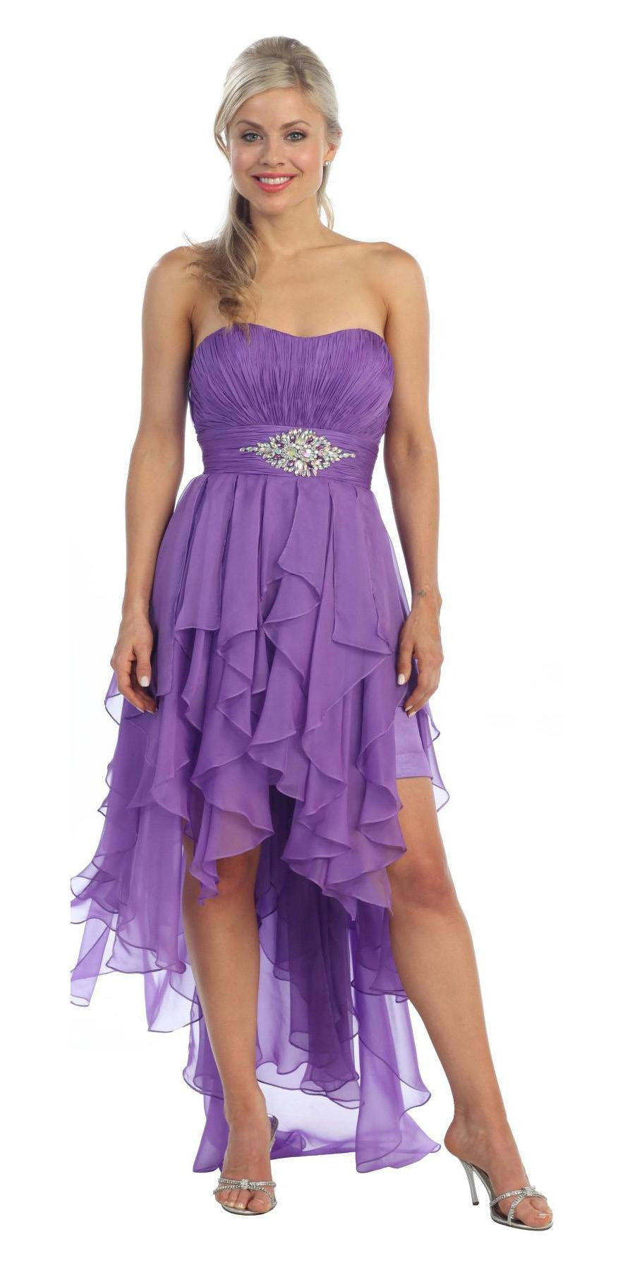 Purple strapless chiffon dress with rhinestone bodice detail and layered ruffle skirt