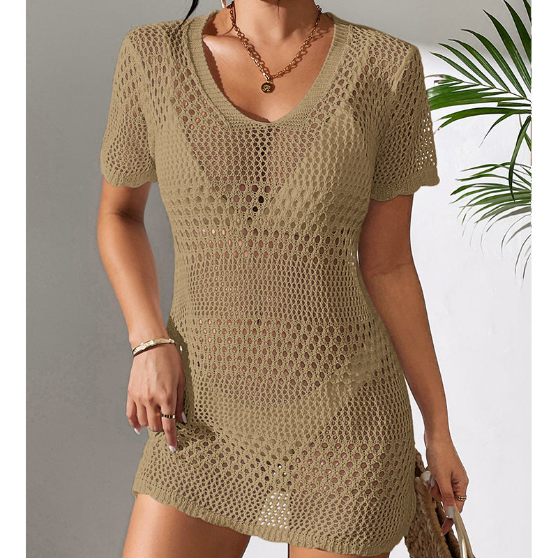 Khaki crochet short-sleeve cover-up dress with V-neck and flared mini hem