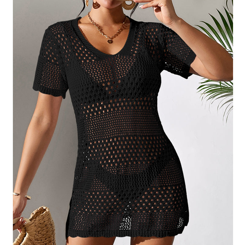 Black crochet short-sleeve cover-up dress with V-neck and flared mini hem