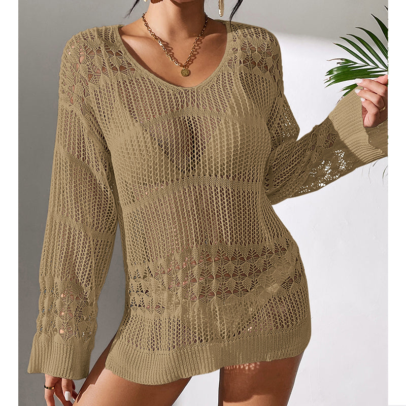 Khaki crochet pullover shirt with V-neck openwork knit, long sleeves, loose mid-length