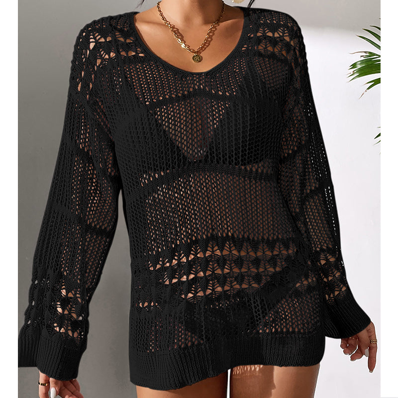 Black crochet pullover top with V-neck open-knit pattern, long sleeves, relaxed length