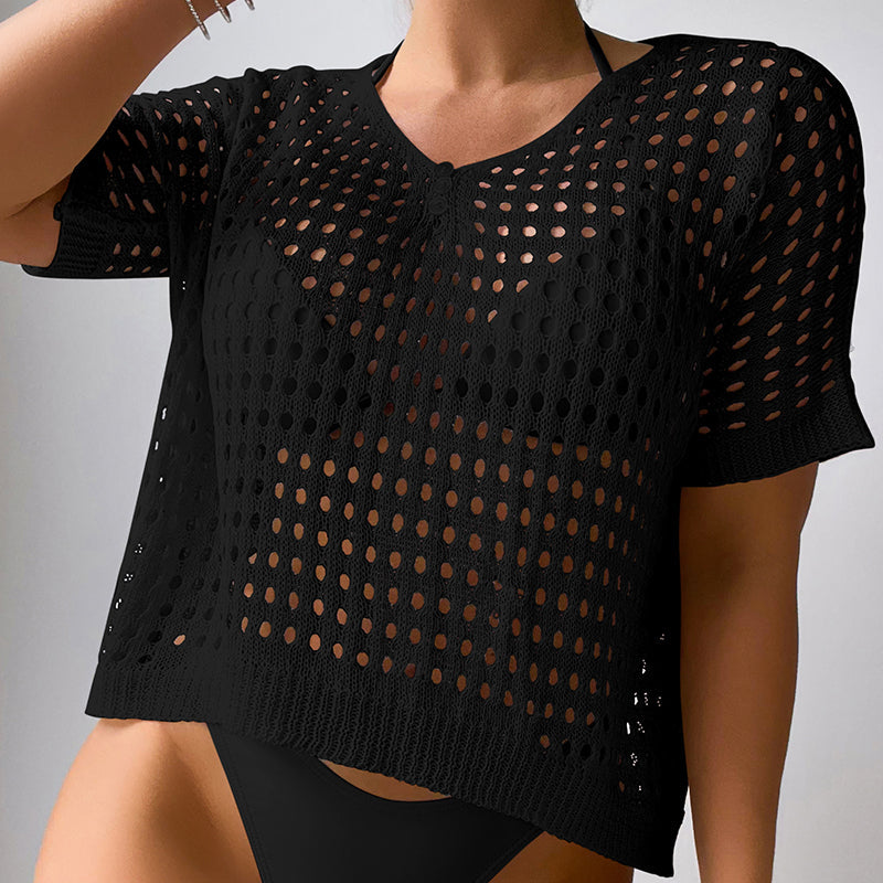Crochet hollow-out blouse with short sleeves, button V-neck, loose fit, black