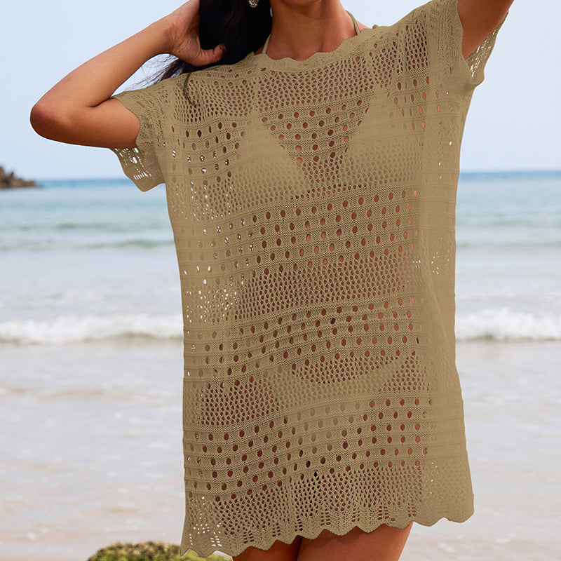 Khaki crochet lace beach blouse front view, short sleeves, scalloped hem, openwork.