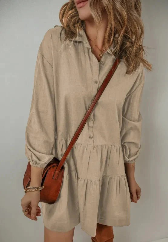 Tiered Balloon Sleeve Dress with Collared Neck Design