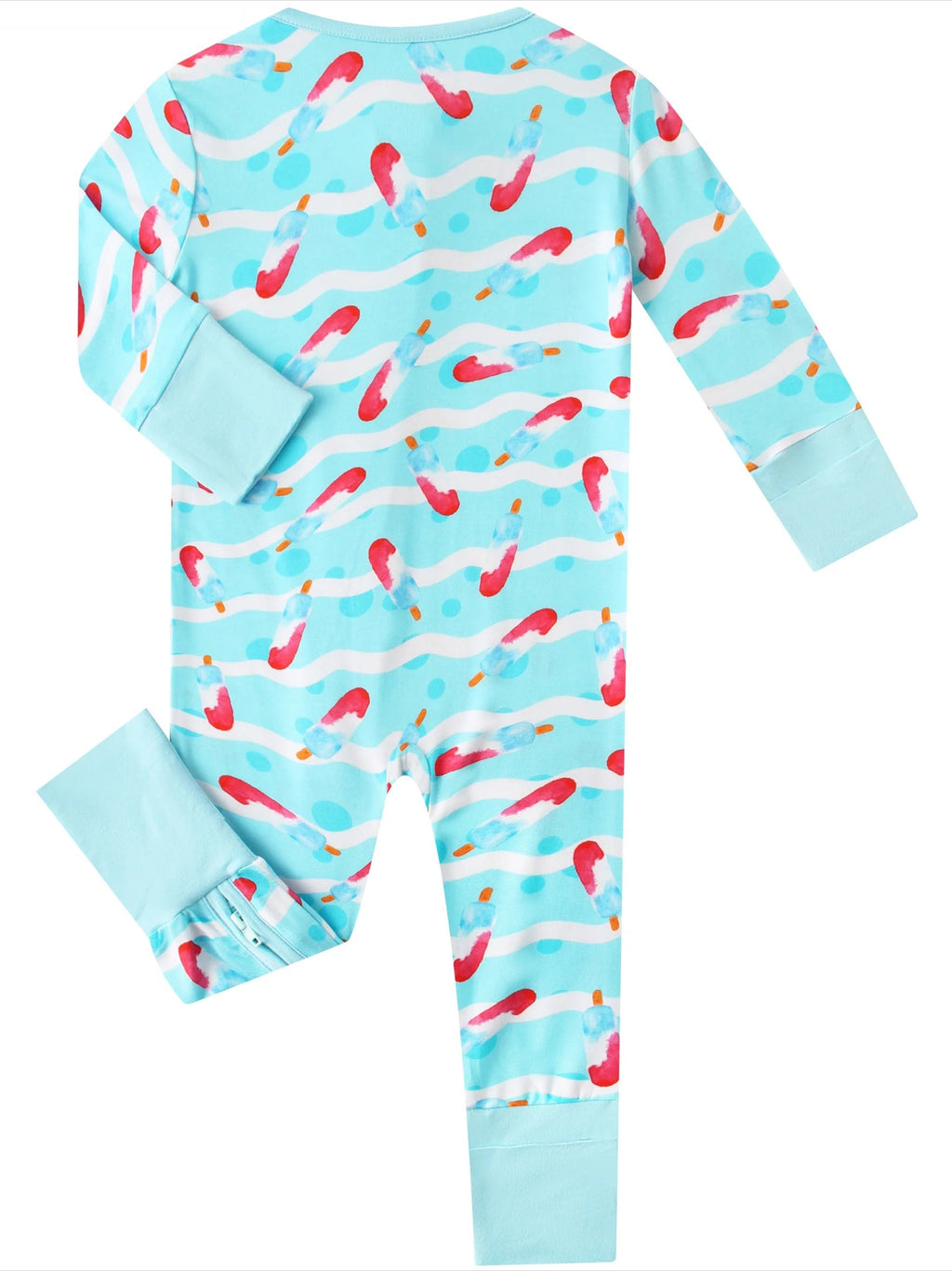 PoshTOT bamboo baby romper in light blue with red ice cream print, back view with zipper