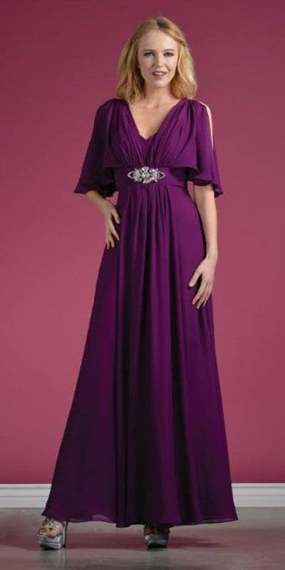 Eggplant purple Grecian evening dress with V-neck and mid-length sleeves, gathered waist