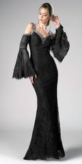 Black lace cold-shoulder trumpet sheath dress with flared bell sleeves