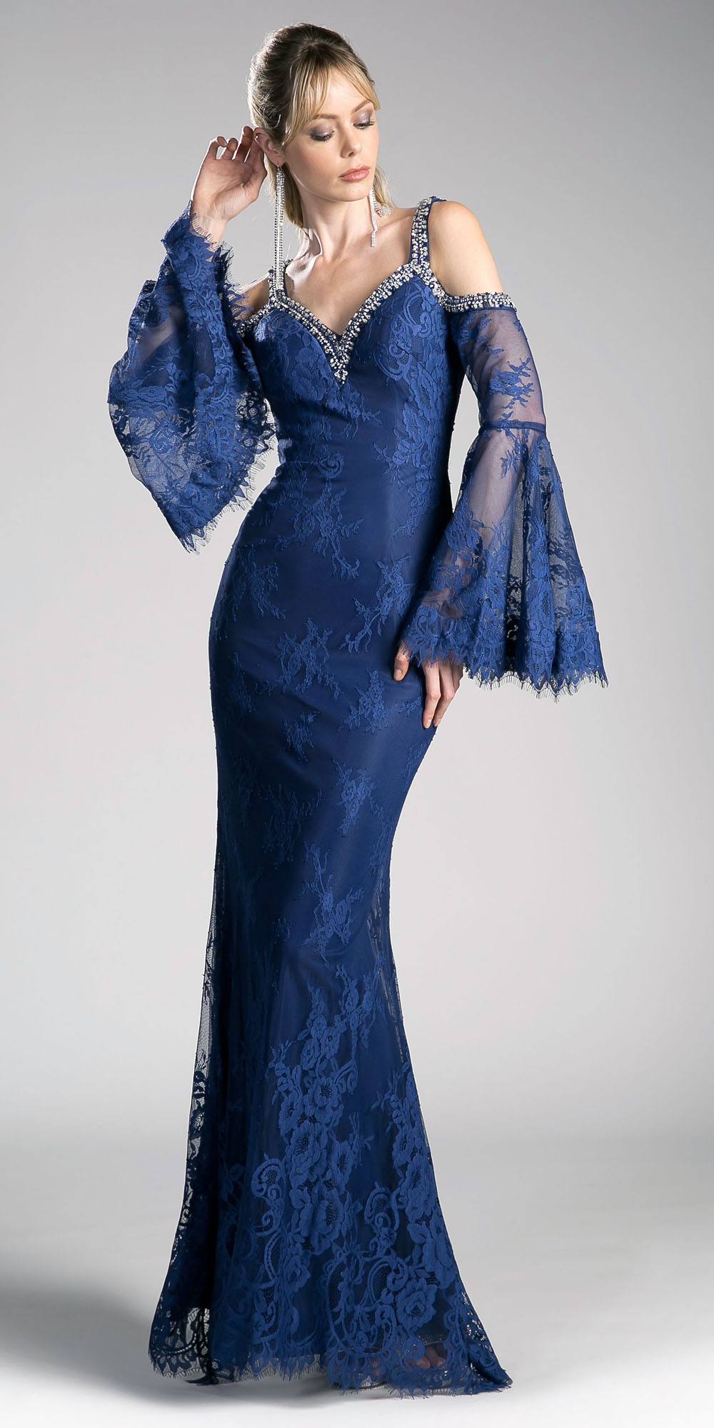 Navy lace cold-shoulder trumpet sheath dress with flared bell sleeves
