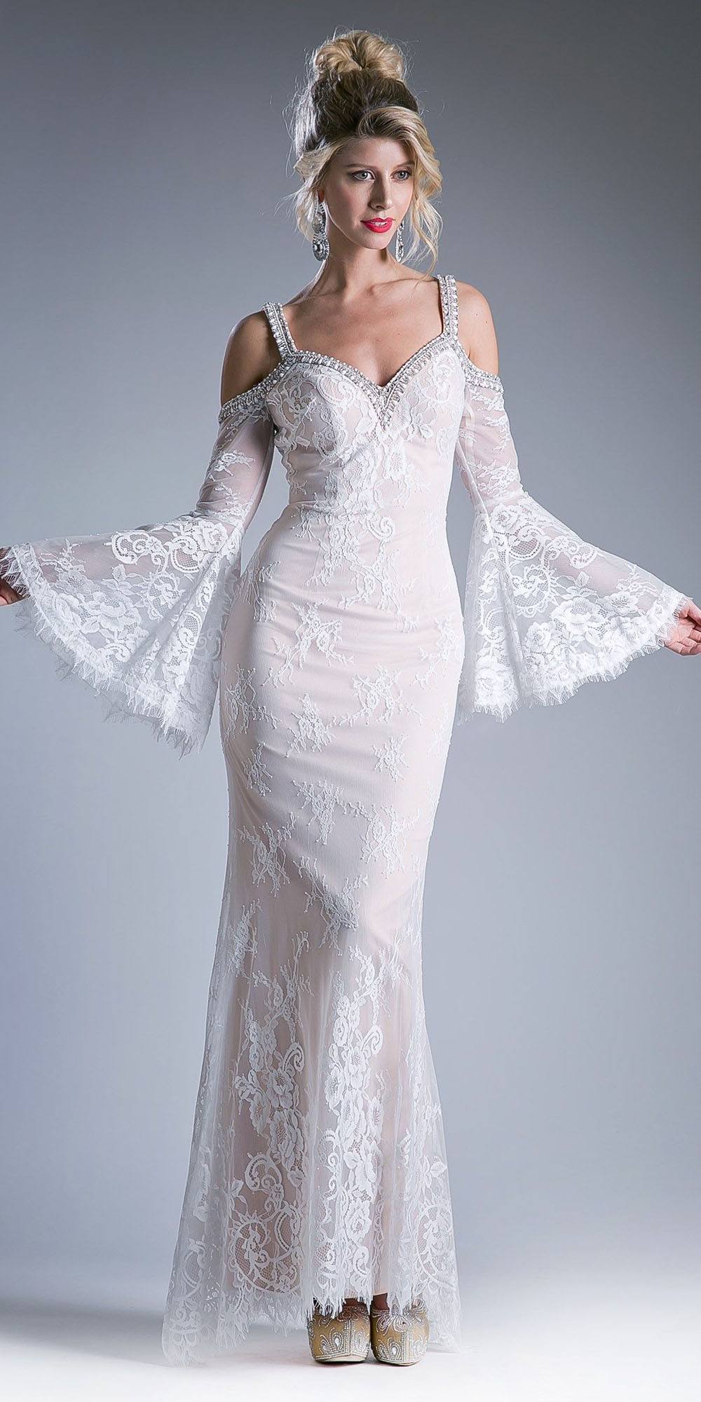 White lace cold-shoulder trumpet sheath dress with flared bell sleeves
