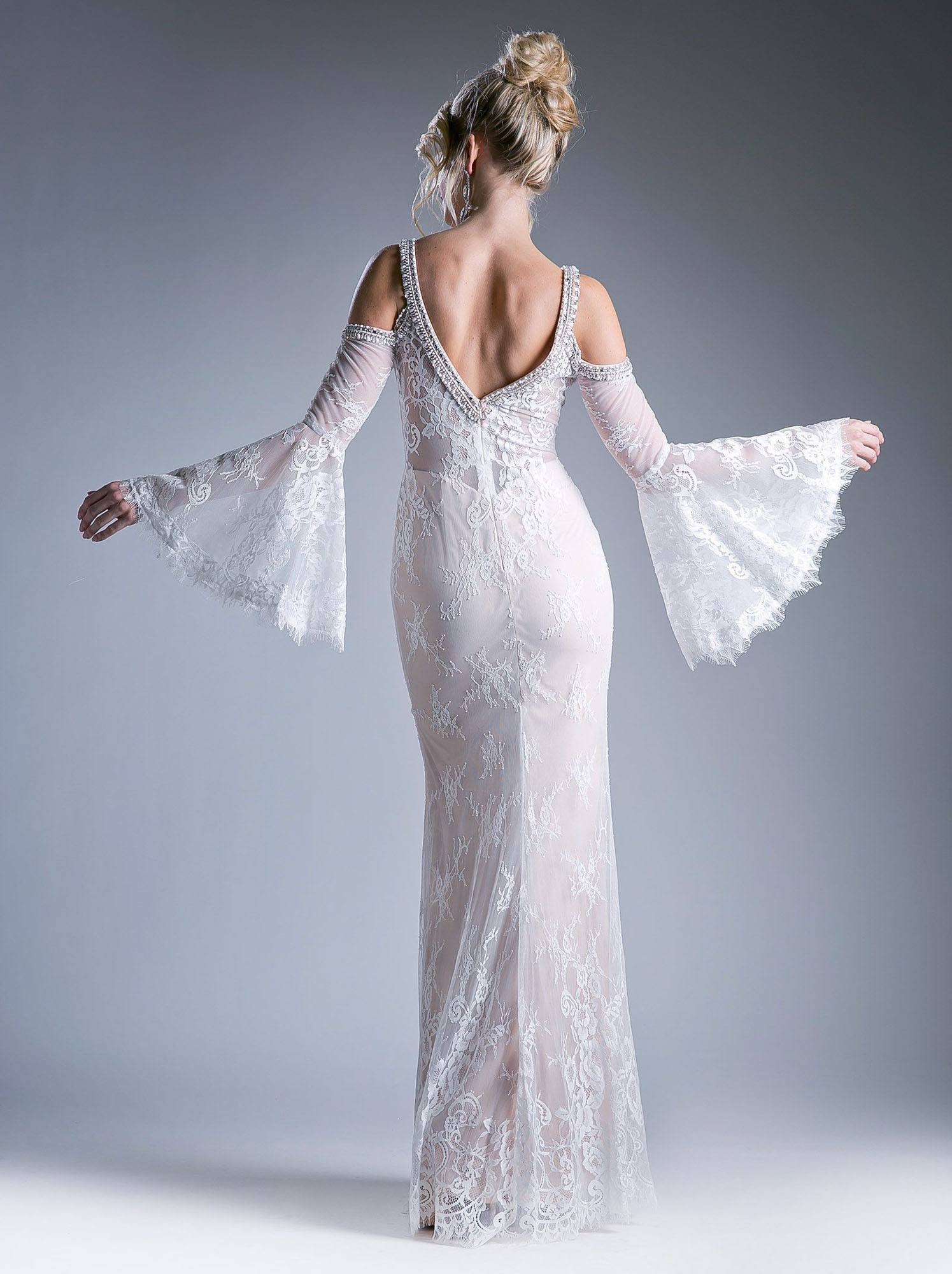 White lace cold-shoulder trumpet sheath dress with flared bell sleeves, back view