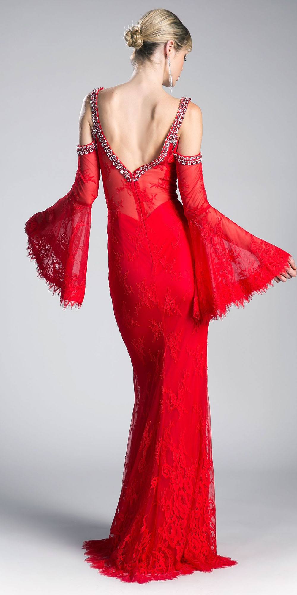 Red lace cold-shoulder sheath dress with trumpet bell sleeves, back view