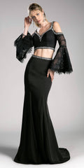 Black two-piece gown with cold-shoulder top, scalloped trim, and trumpet sleeves