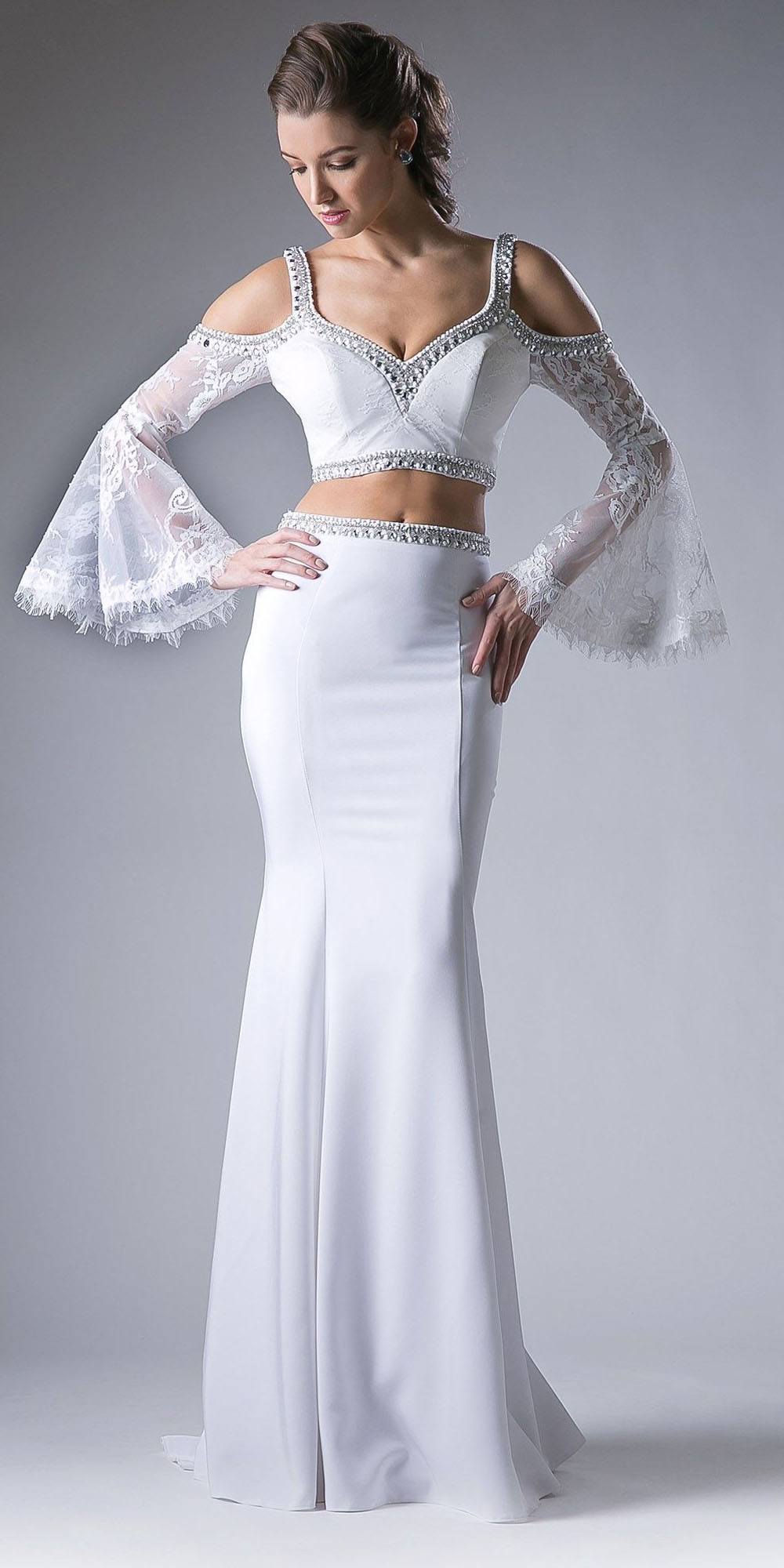 Off-white two-piece gown with cold-shoulder top and trumpet sleeves, fitted skirt