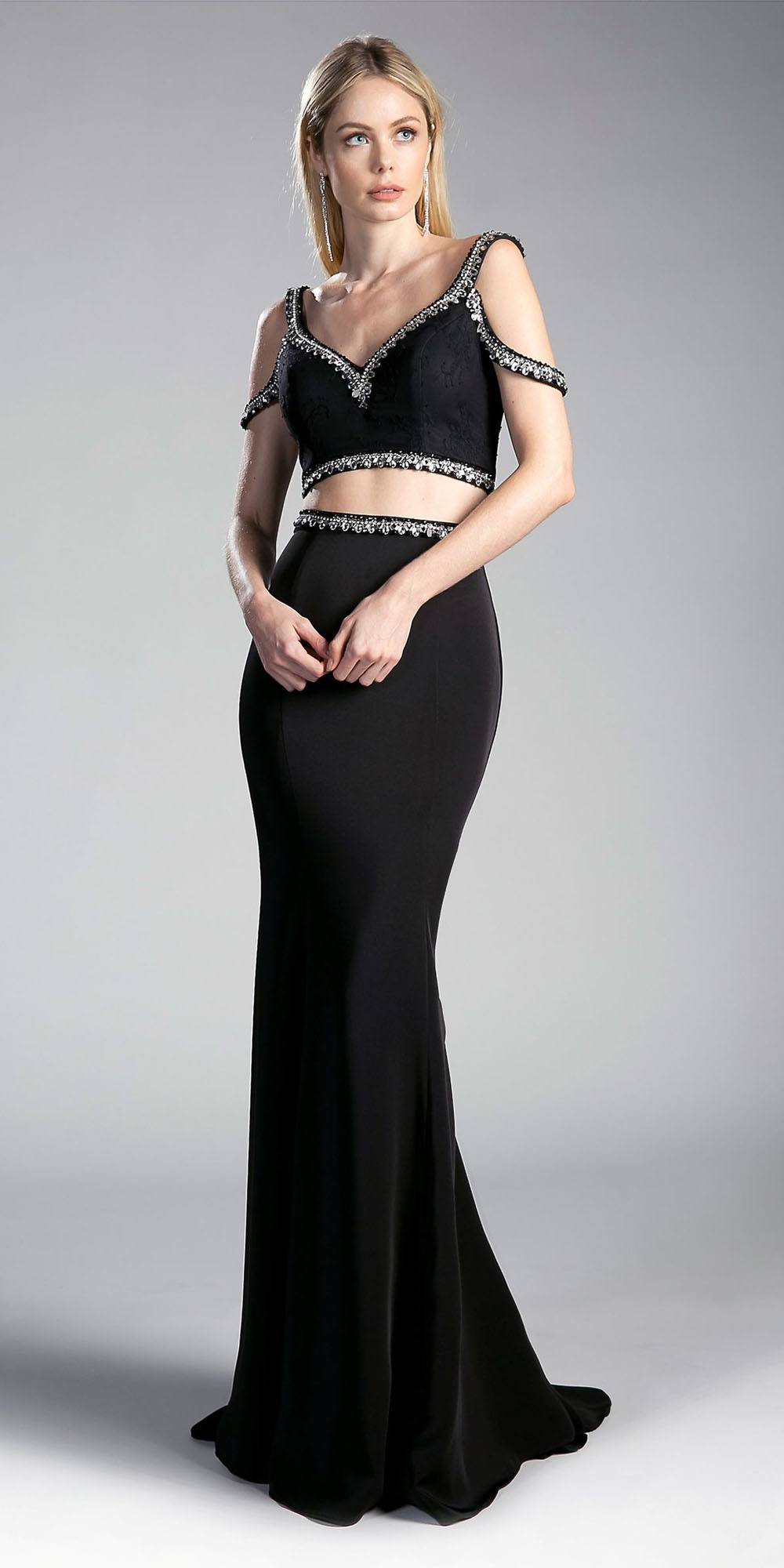 Black two-piece cold-shoulder crop top and long dress with jeweled neckline trim