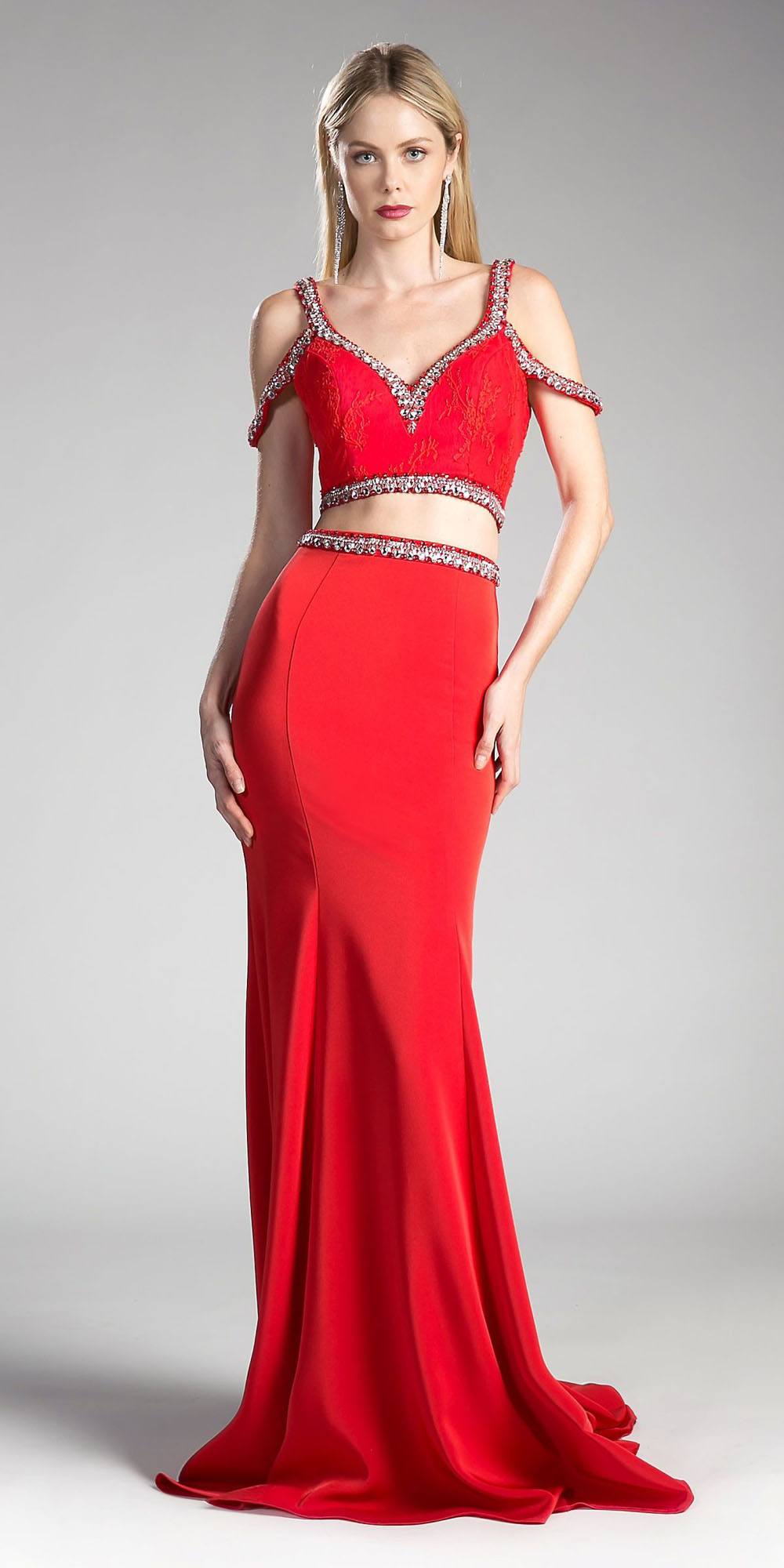 Red two-piece cold-shoulder crop top and long dress with jeweled trim