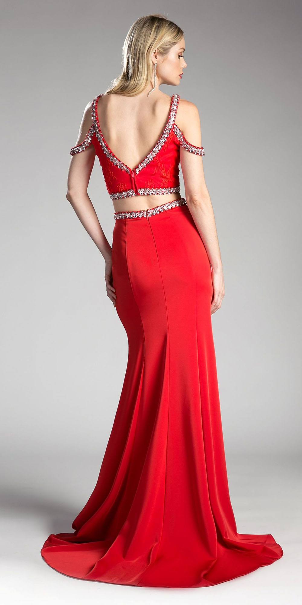Red two-piece cold-shoulder crop top and long dress with open back jeweled trim
