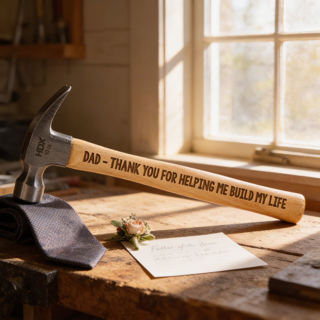 Engraved hammer on workbench with light wood handle and “DAD - THANK YOU…” text