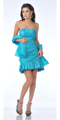 Turquoise strapless short dress with ruffled layered skirt and ruched bodice