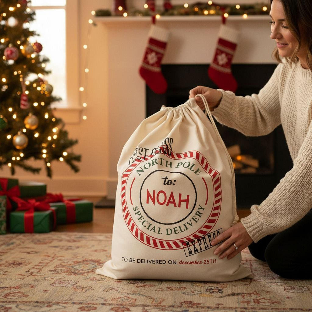 Cream drawstring Santa bag being held, printed North Pole seal for Noah.