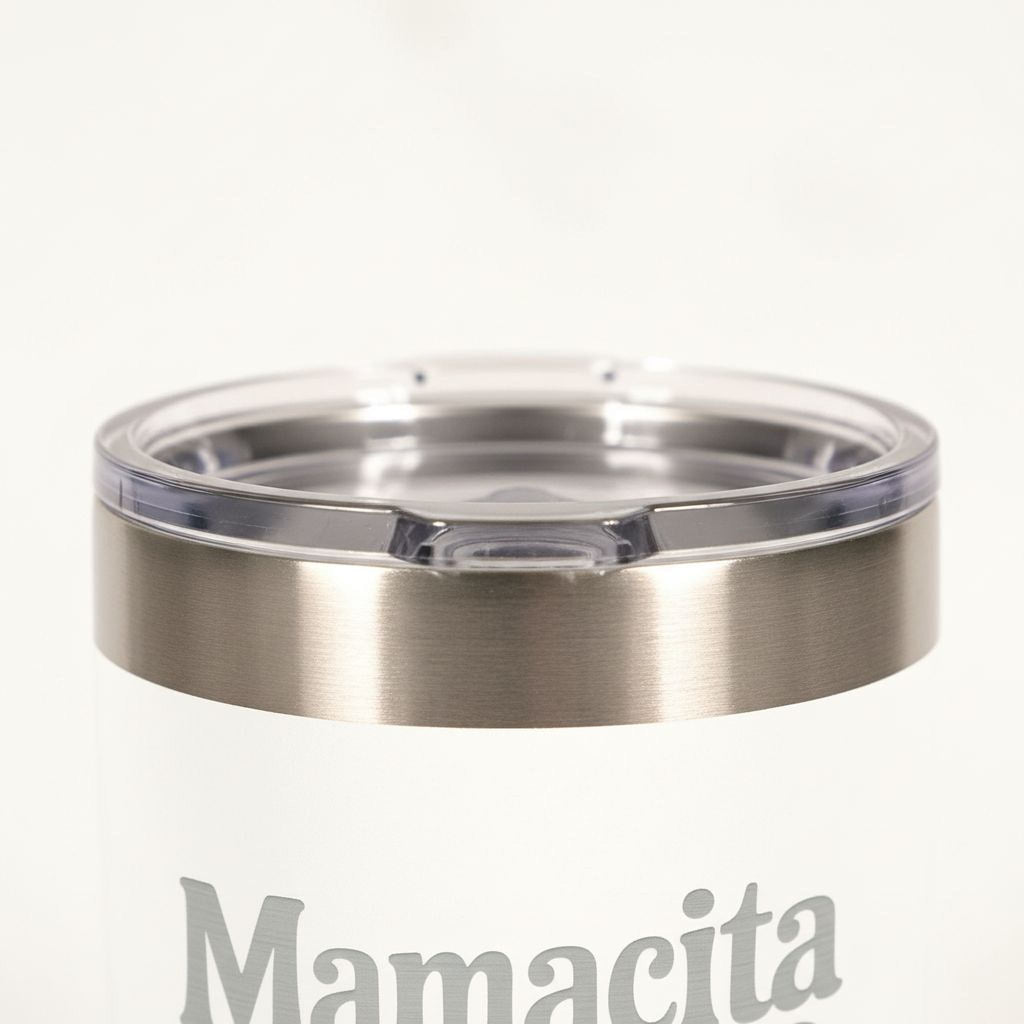 Stainless lid close-up on white insulated tumbler with Mamacita needs a Margarita text