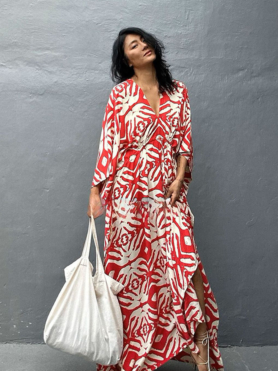 Red and white zebra-print rayon beach cover-up dress with V-neck and loose maxi length