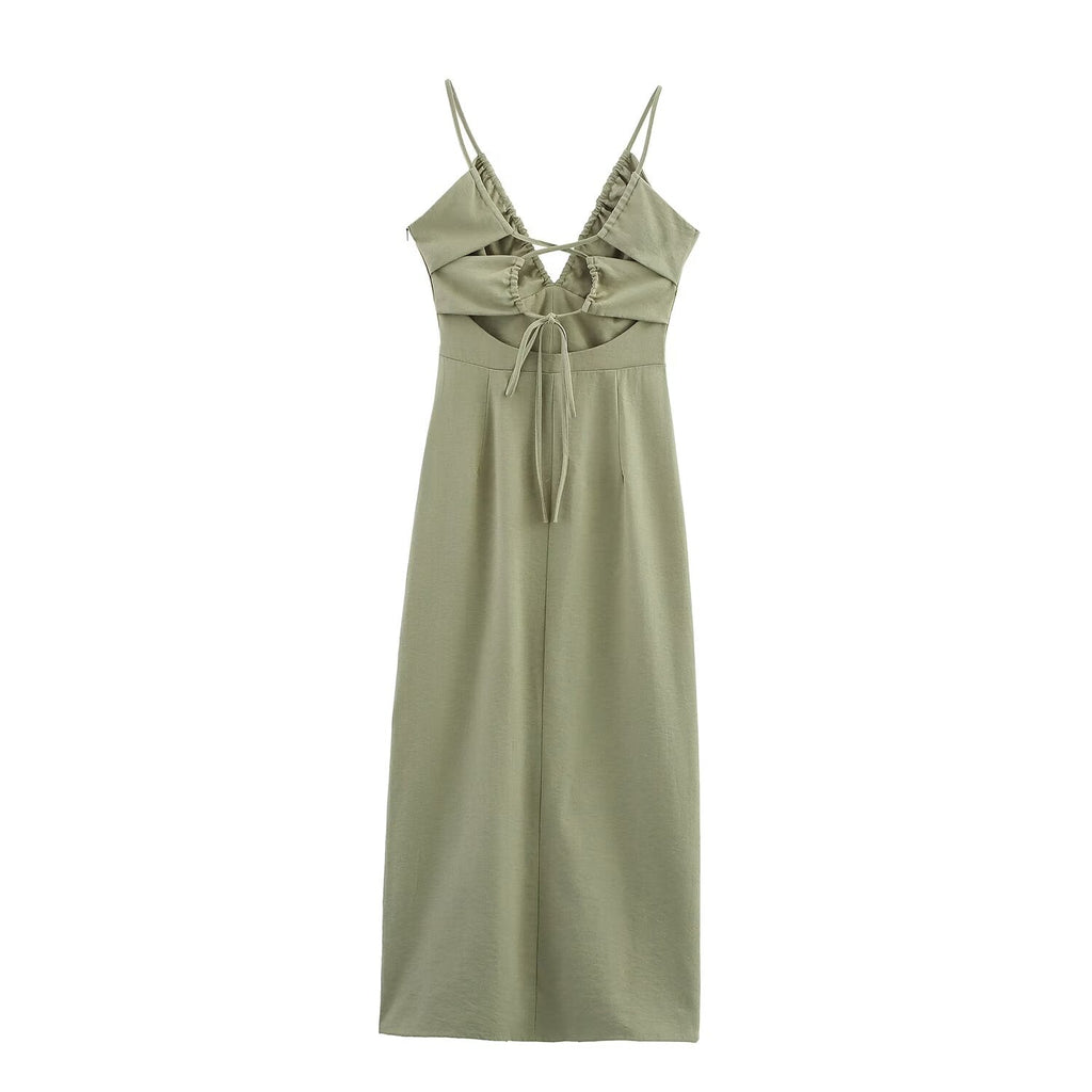 Women Clothing Solid Linen Midi Sling Dress
