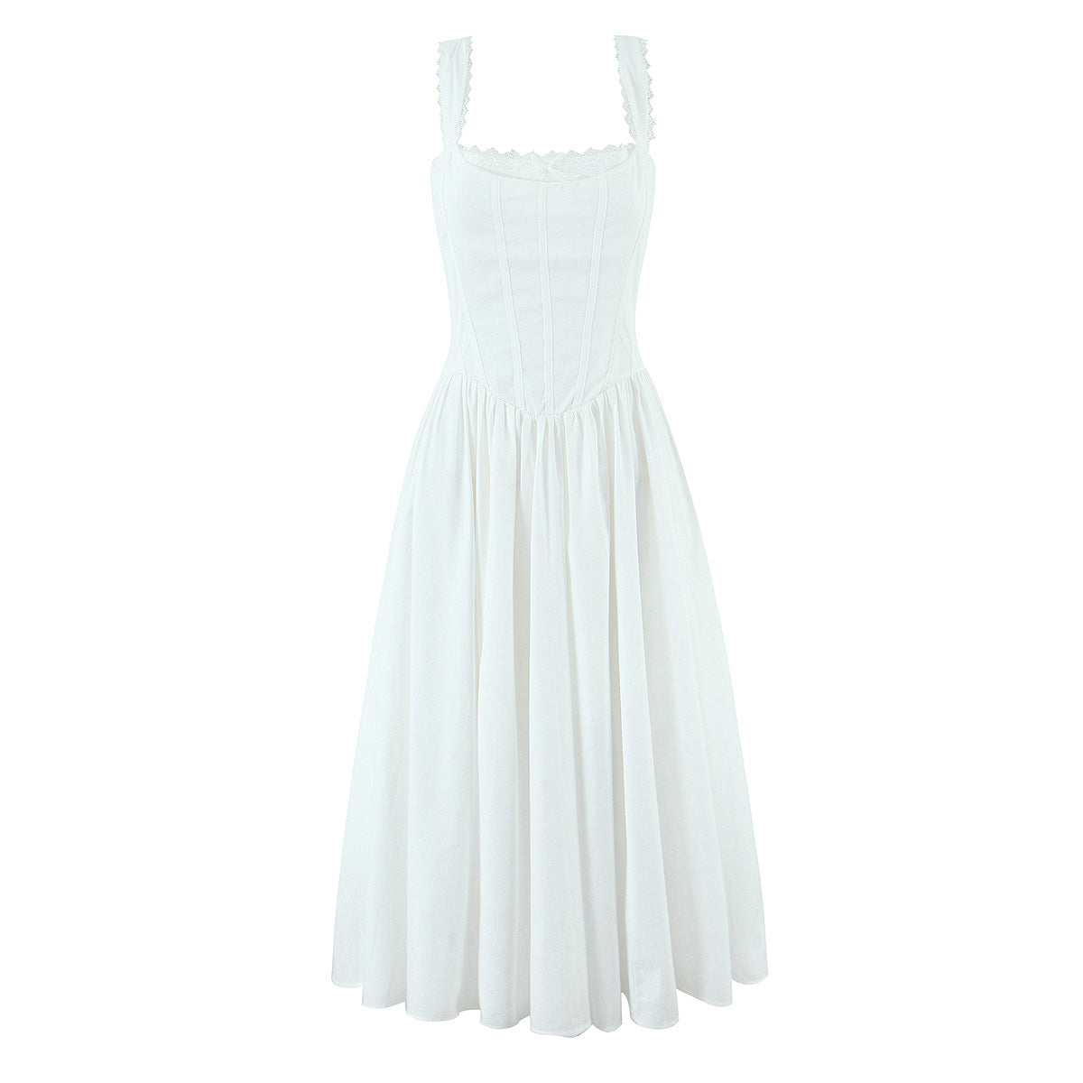 Ivory lace midi dress with square neckline, thin straps, gathered waist, pleated skirt.