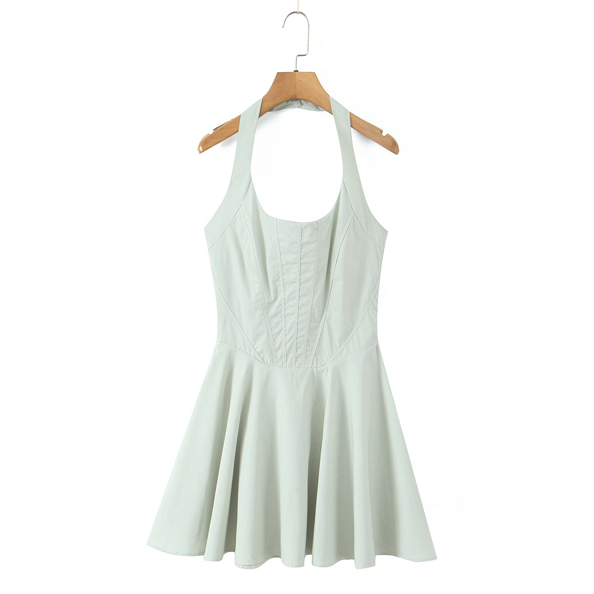 White halter dress with fitted bodice and flared skirt, waist seam detail