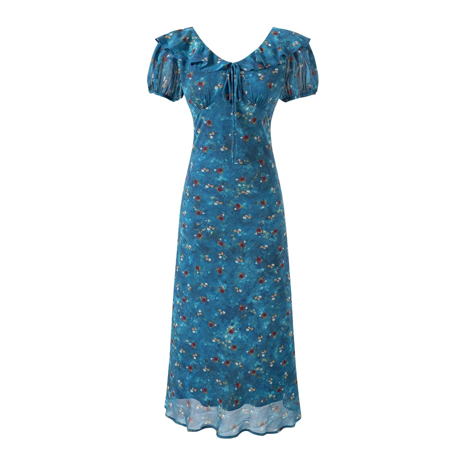 Women’s lace-up ruffled maxi dress in blue floral print, center lace-up and waist tie