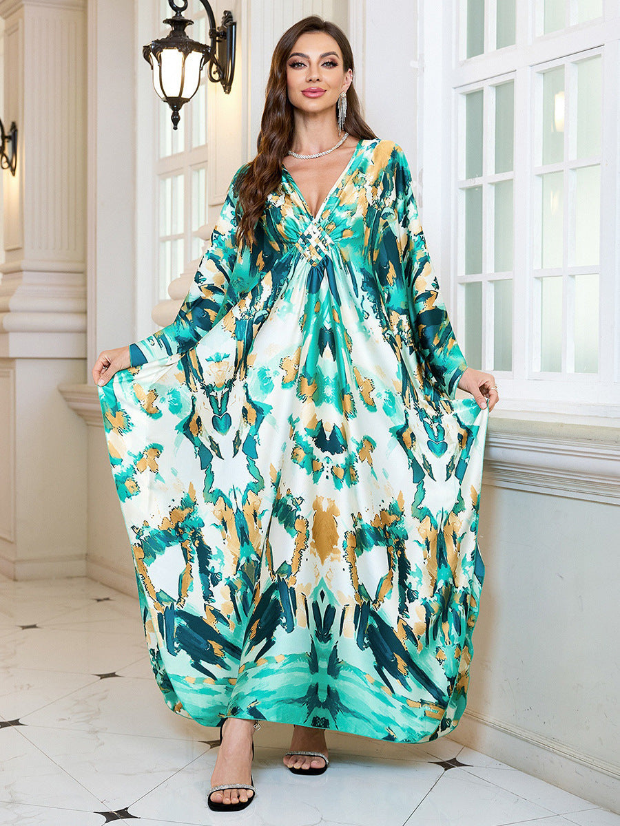 Silk satin beach cover-up dress in teal floral print, loose drape maxi length V-neck