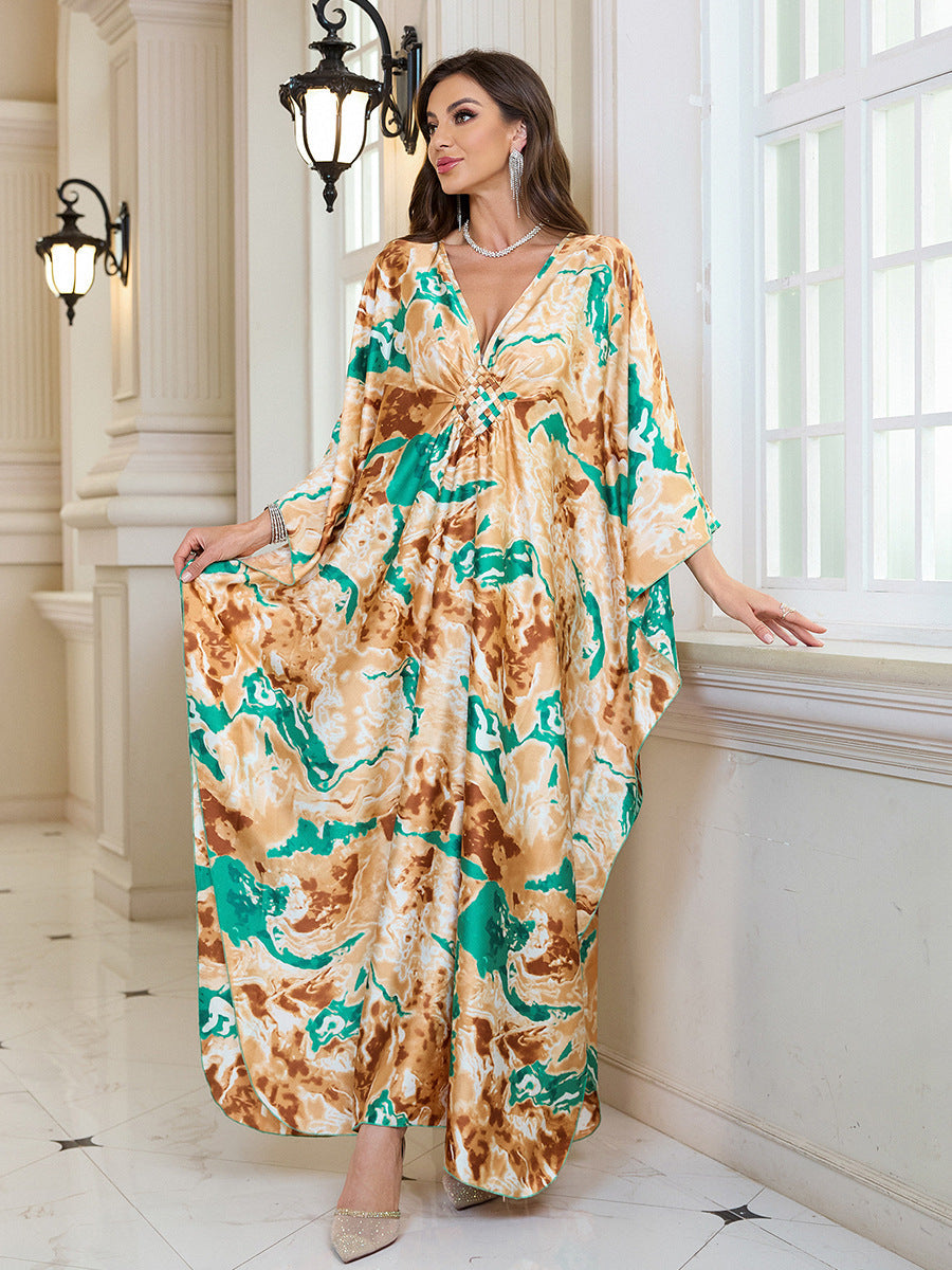 Silk satin beach cover-up dress in beige and green ornate print, loose flowy maxi