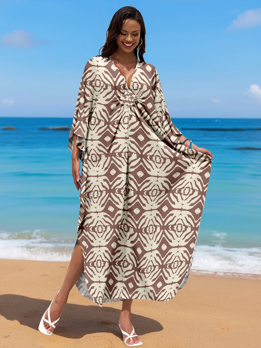 Beige and white ikat-pattern rayon beach dress, loose V-neck with side slit