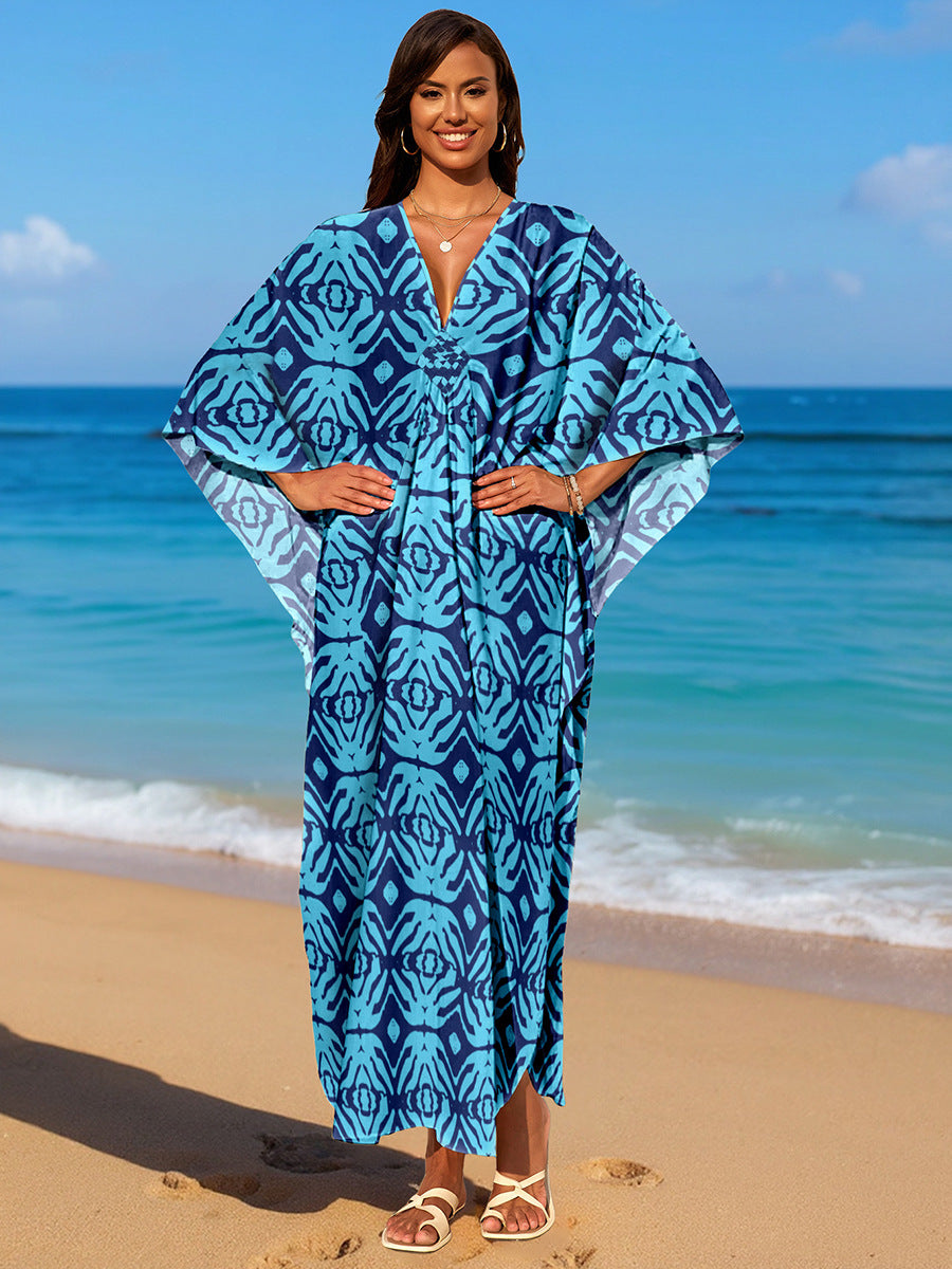 Blue and black ikat-pattern rayon beach dress, loose V-neck with kimono-style sleeves