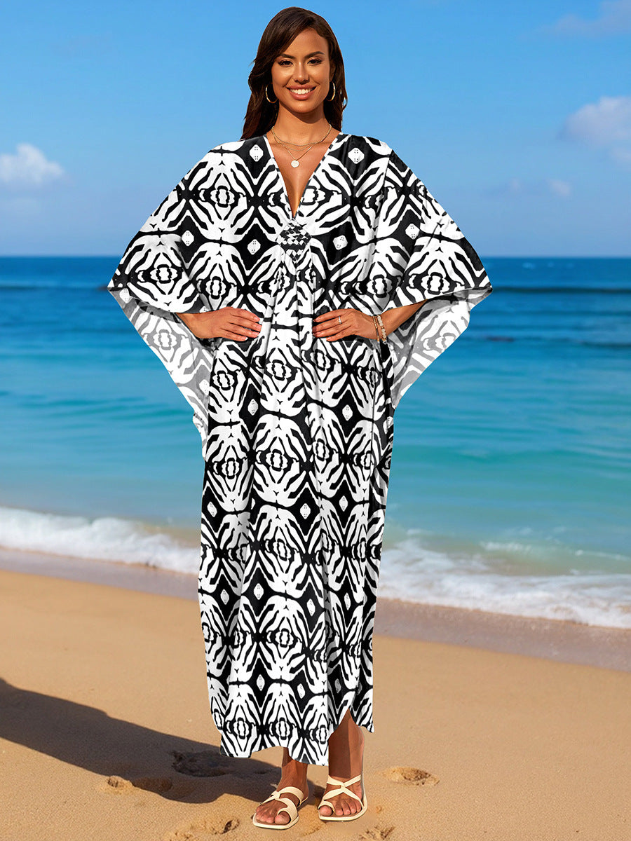Black and white ikat-pattern rayon beach dress, loose V-neck with wide kimono sleeves