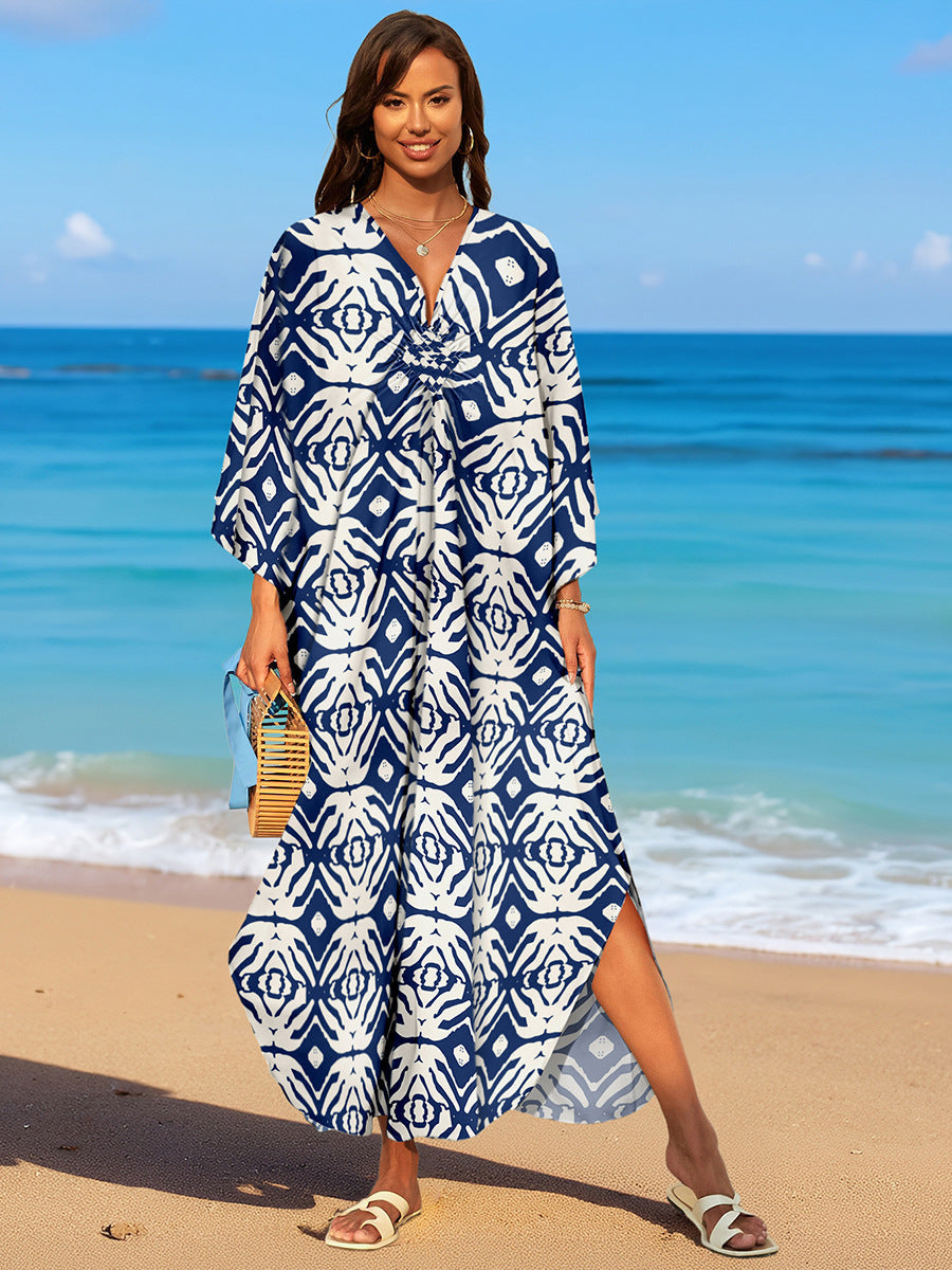 Navy and white ikat-pattern rayon beach dress, loose V-neck with side slits