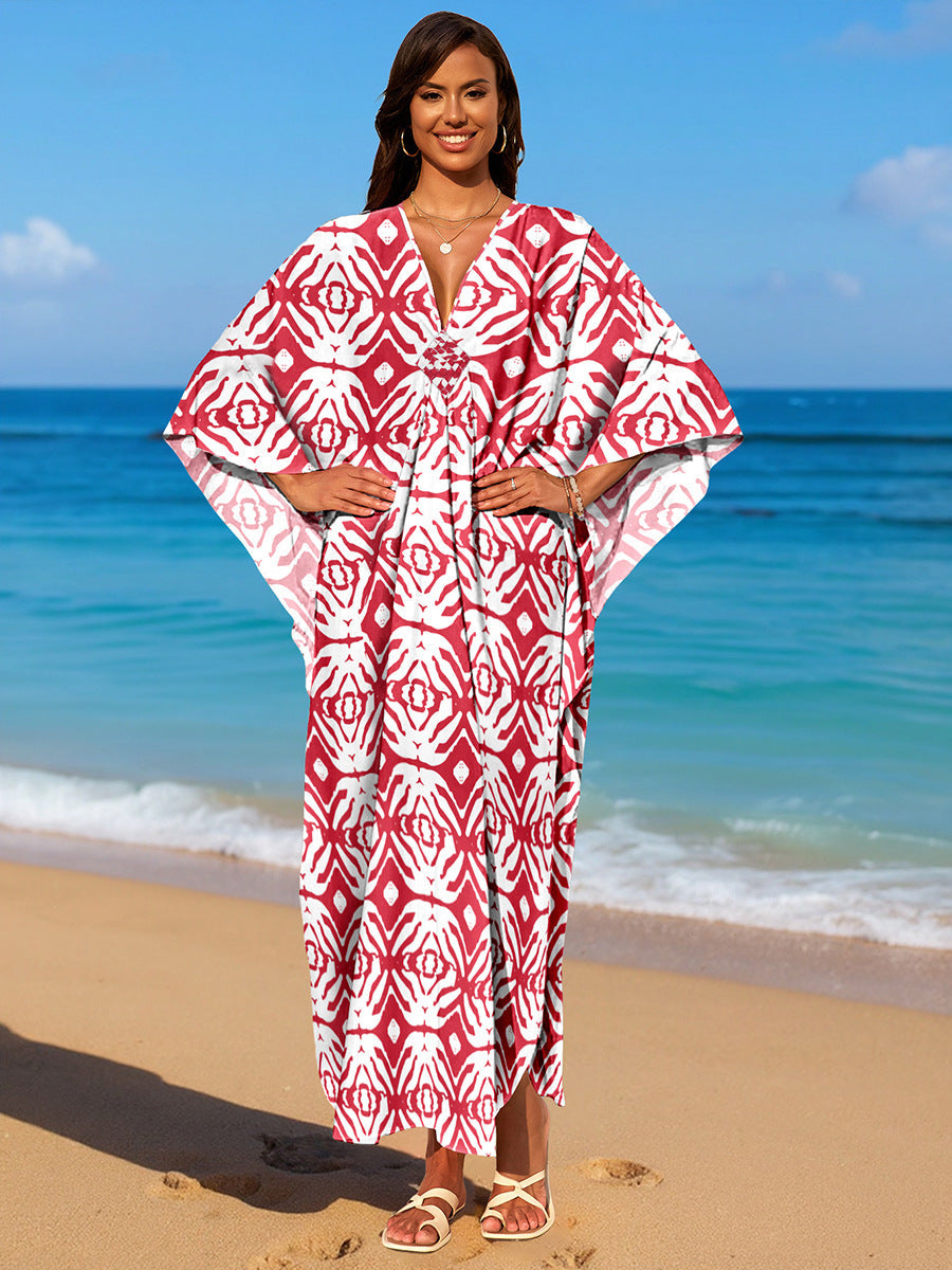 Red and white ikat-pattern rayon beach dress, loose V-neck with wide kimono sleeves