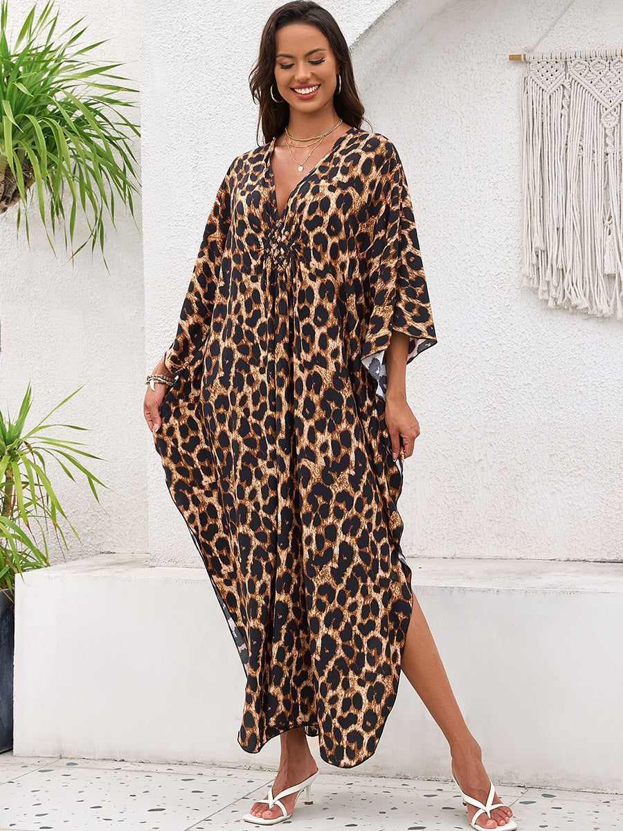 Brown leopard-print rayon beach dress, loose V-neck with flowing dolman sleeves