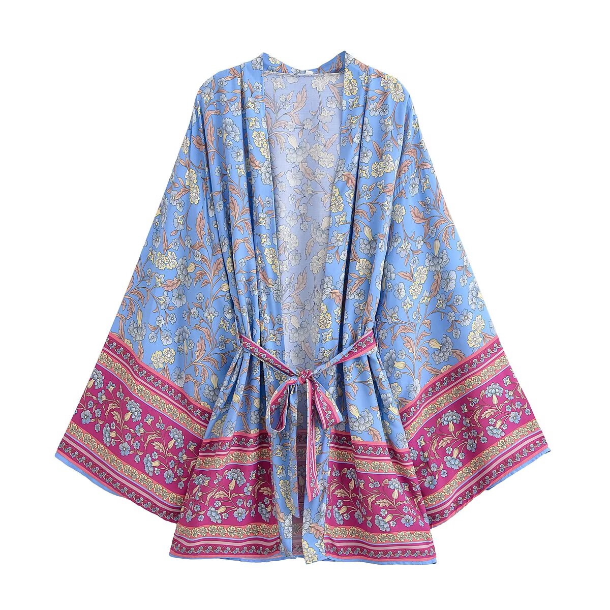 Blue floral print kimono cardigan dress with pink trim, long sleeves, waist tie