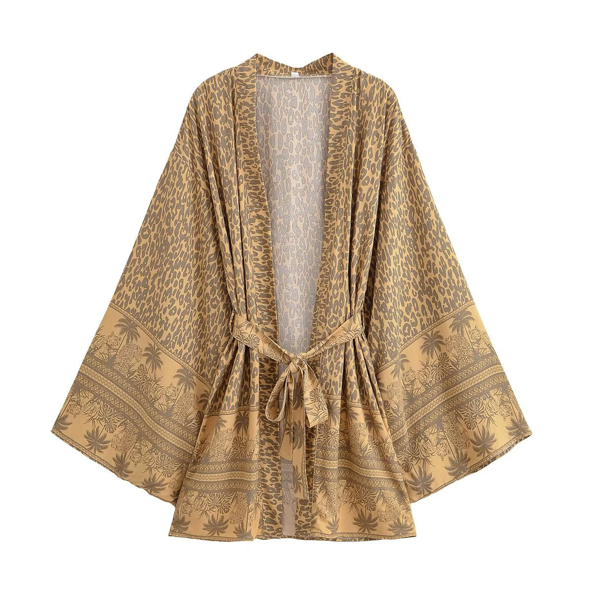 Khaki leopard print kimono cardigan dress with tie waist, long sleeves, cape style