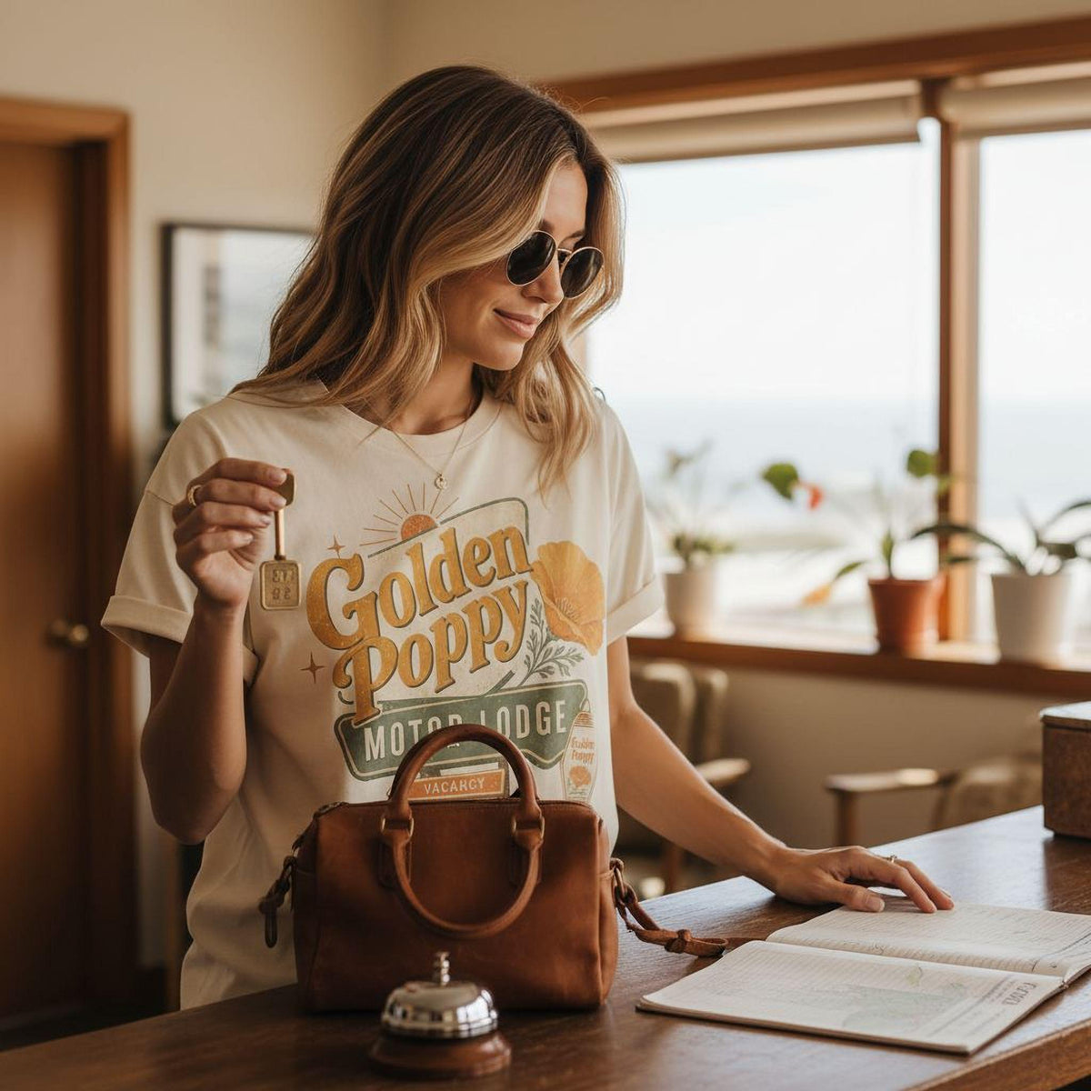 Ivory crewneck T-shirt with Golden Poppy Motor Lodge graphic, worn indoors