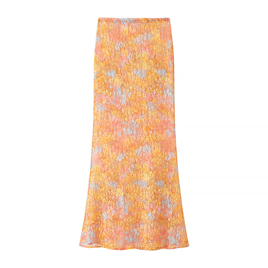 Printing Cropped Top Mid Length Skirt Set
