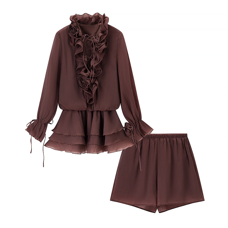 Coffee brown ruffle long-sleeve blouse and matching shorts set with tie cuffs