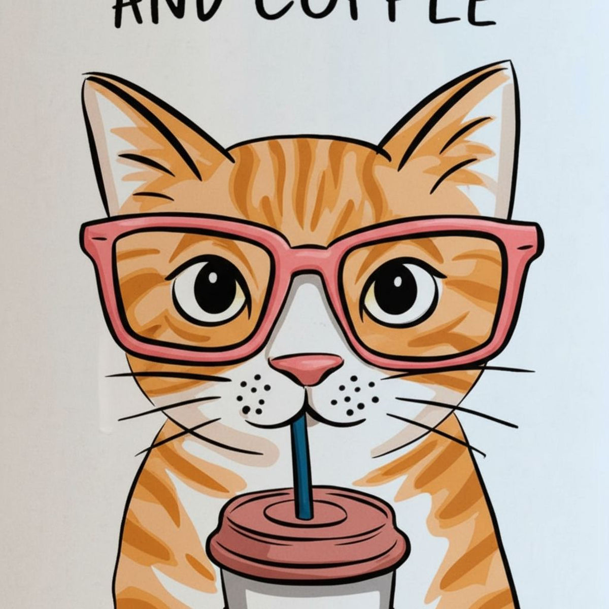 Close-up of white ceramic mug print: orange tabby cat wearing pink glasses