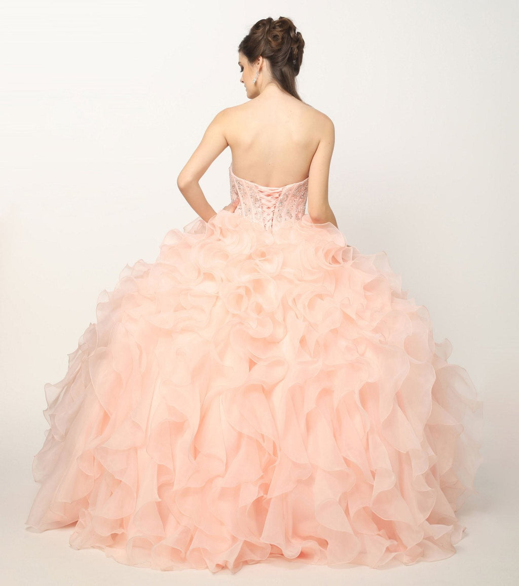 Light pink strapless ball gown with beaded corset bodice and layered organza ruffle skirt, back view